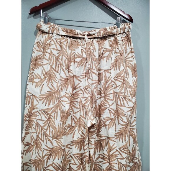 Nicole Miller Pants European Flax Linen Wide Leg Belted Brown Leaf Print Sz XL - Picture 9 of 12
